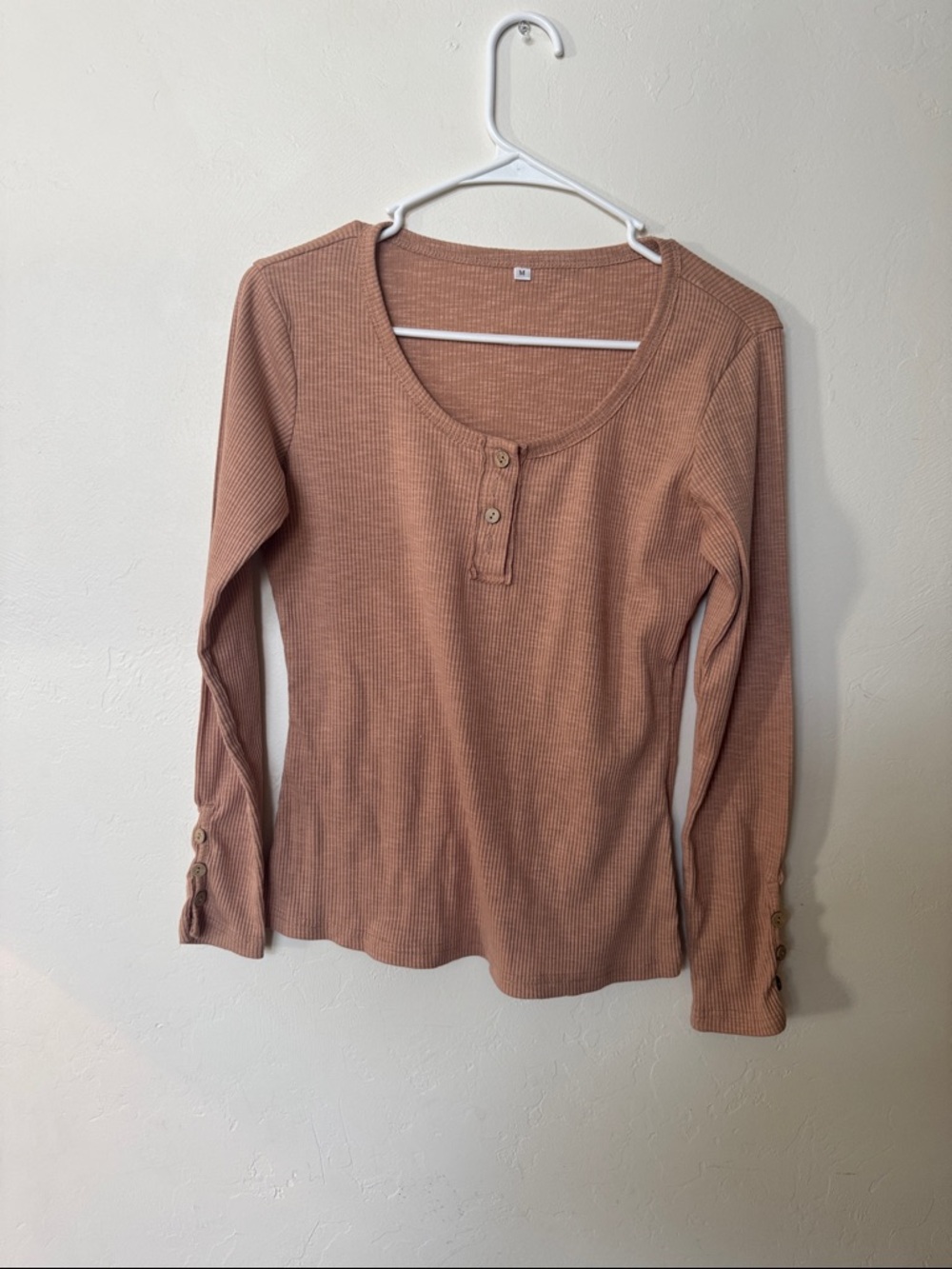 Ribbed Long-Sleeve Henley Top in Dusty Rose